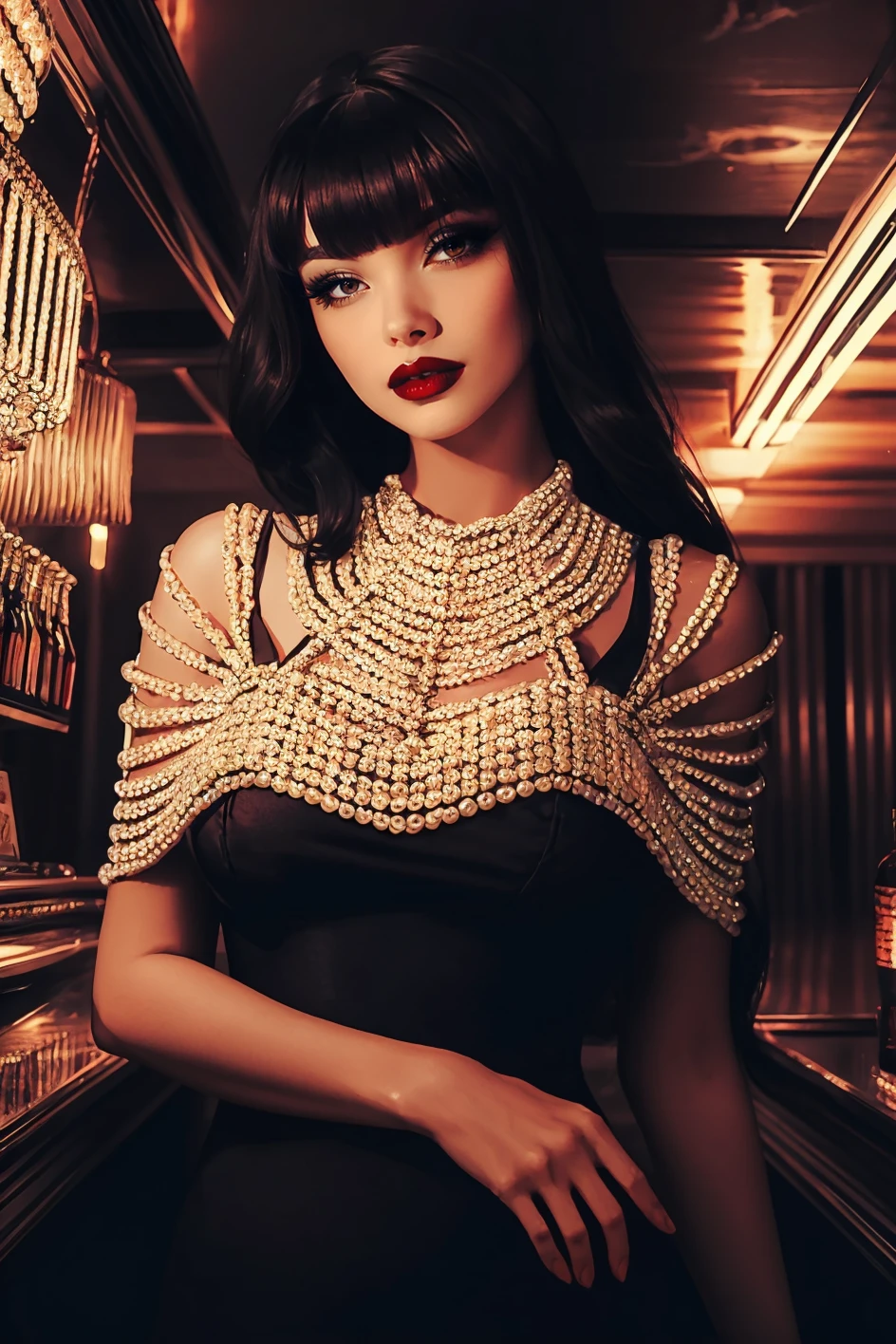 woman, adult, (straight long black hair with bangs), HUD_P3arl_Sh4wl, jewelry, symmetrical shawl made of freshwater pearl,dress, makeup, lipstick, false eyelashes, <lora:HUD_P3arl_Sh4wl-07:0.65>, (speakeasy:1.4), smoky cinematic atmosphere