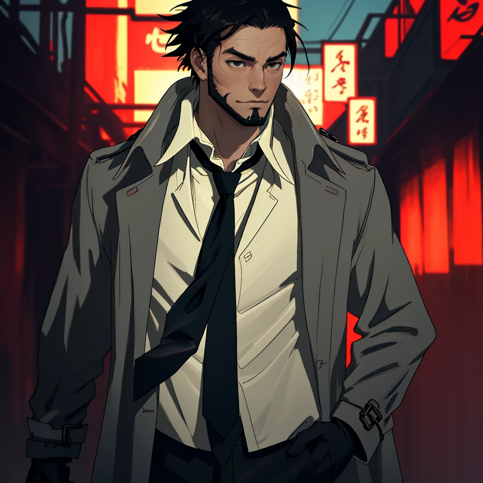 solo male, Genma Shizume, Asian, Japanese, black hair, chinstrap beard, sideburns, black eyes, calm eyes, slitty eyes, (white collared shirt, black necktie, black jacket:1.3), (brown trench coat, open trench coat:1.3), black pants, black gloves, mature, masculine, handsome, charming, allurin, smile, standing, upper body, hand on waist, perfect anatomy, perfect proportions, (best quality, masterpiece, high_resolution:1.3), perfect eyes, dutch angle, cowboy shot<lora:EMS-308260-EMS:0.700000>, <lora:EMS-498-EMS:0.600000>