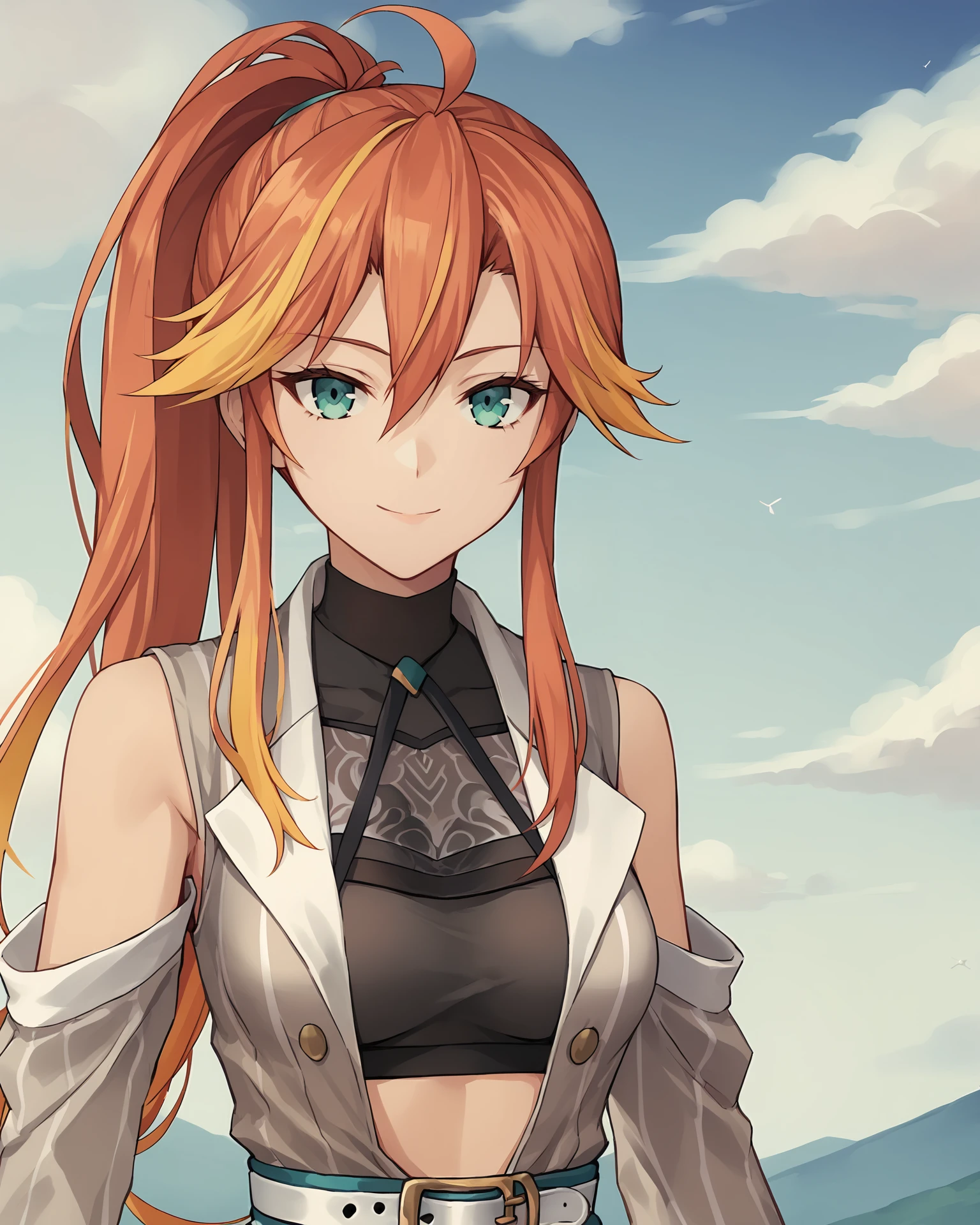 score_9, score_8_up, score_7_up, score_6_up, score_5_up, score_4_up, BREAK,
source_anime,
<lora:TrailsThroughDaybreak-Playable:0.9>, Judith Ranster, orange hair, streaked hair, multicolored hair, ponytail, ahoge, aqua eyes, medium breasts, crop top, open dress, detached sleeves, belt, orange shorts, black thighhighs, aqua high heels,
looking at viewer, smile, upper body, portrait,
1girl, outdoors, sky, clouds, distant mountains