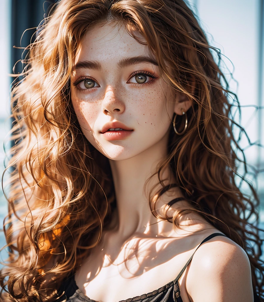 a woman with long hair and a bra top on posing for a picture with her hands on her hips,a close up of a doll with freckles on her face and hair blowing in the wind,<lora:æ¥ç³»æ¨¡ç¹:0.75>,