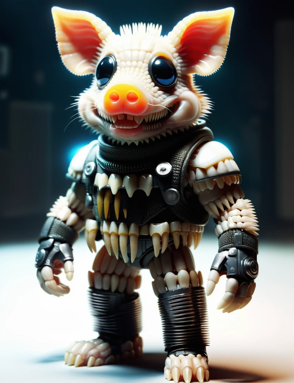 In its animatronic form, Mordecai is a grotesque, deteriorated figure with features resembling a mechanical rabbit.. His body is a mixture of rusted metal and torn fabric., with visible components and moving parts that emit an ominous glow. His face is a distorted rabbit mask, with glowing eyes and a menacing smile that reveals sharp claws and metallic teeth.