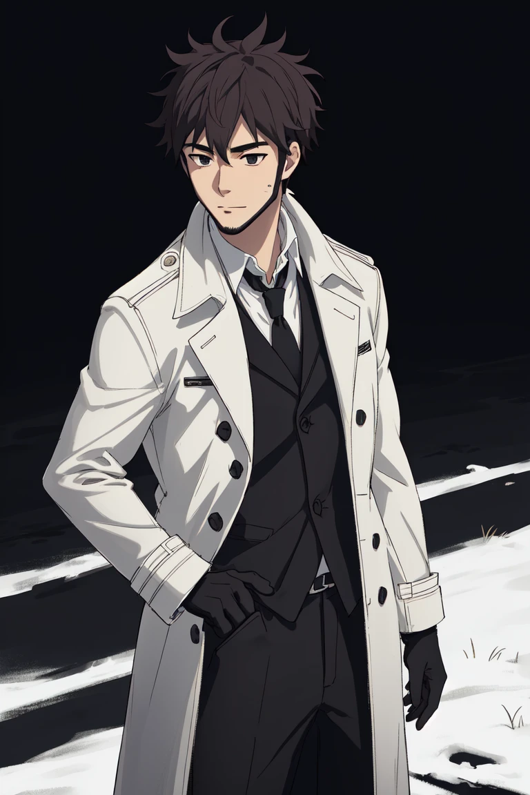 solo male, Genma Shizume, Asian, Japanese, black hair, chinstrap beard, sideburns, black eyes, slitty eyes, (white collared shirt, black neckti, black jacket), ((brown overcoat, open overcoat)), black pants, black gloves, mature, handsome, charming, allurin, smile, standing, upper body, perfect anatomy, perfect proportions, (best quality, masterpiece, high_resolution:1.3), perfect eyes, dutch angle, cowboy shot<lora:EMS-308260-EMS:0.700000>