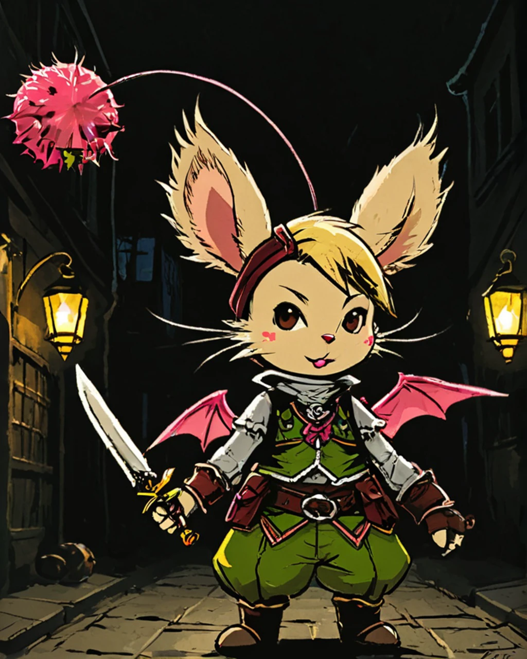 a swifty moogle rogue, with pink pompom and wings, holding a dagger, in a dark street background dimly lit with lanterns