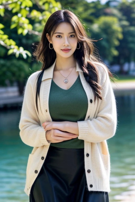 HWGIRL,masterpiece,ultra realistic,32k,extremely detailed CG unity 8k wallpaper, best quality,(spring day ),lady ,necklace ,eardrop, The Maldives, ( green Layer a cashmere sweater over a collared shirt with a midi skirt ) , Chestnut brown hair braid ,,<lora:Hwgirl_V019:0.9>,