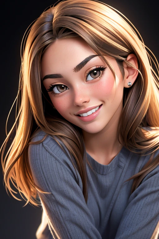 RAW photo of woman, (headshot:1.1) portrait on a black plain background, (smile, happy:1.1), sharp focus, best quality, extremely detailed). BREAK dan1ela-001, brunette hair, straight brown eyes. skinny build. fcHeatPortraitat