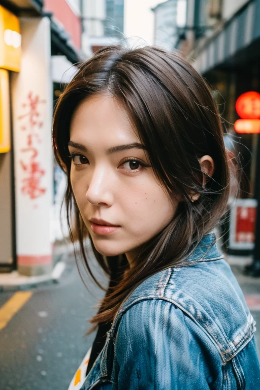 Best quality,masterpiece,ultra high res,(photorealistic:1.2),1girl,low key,taipei street alley,dynamic pose,face closeup,brown hair,looking_at_viewer,<lora:ann_hsu:0.9>,