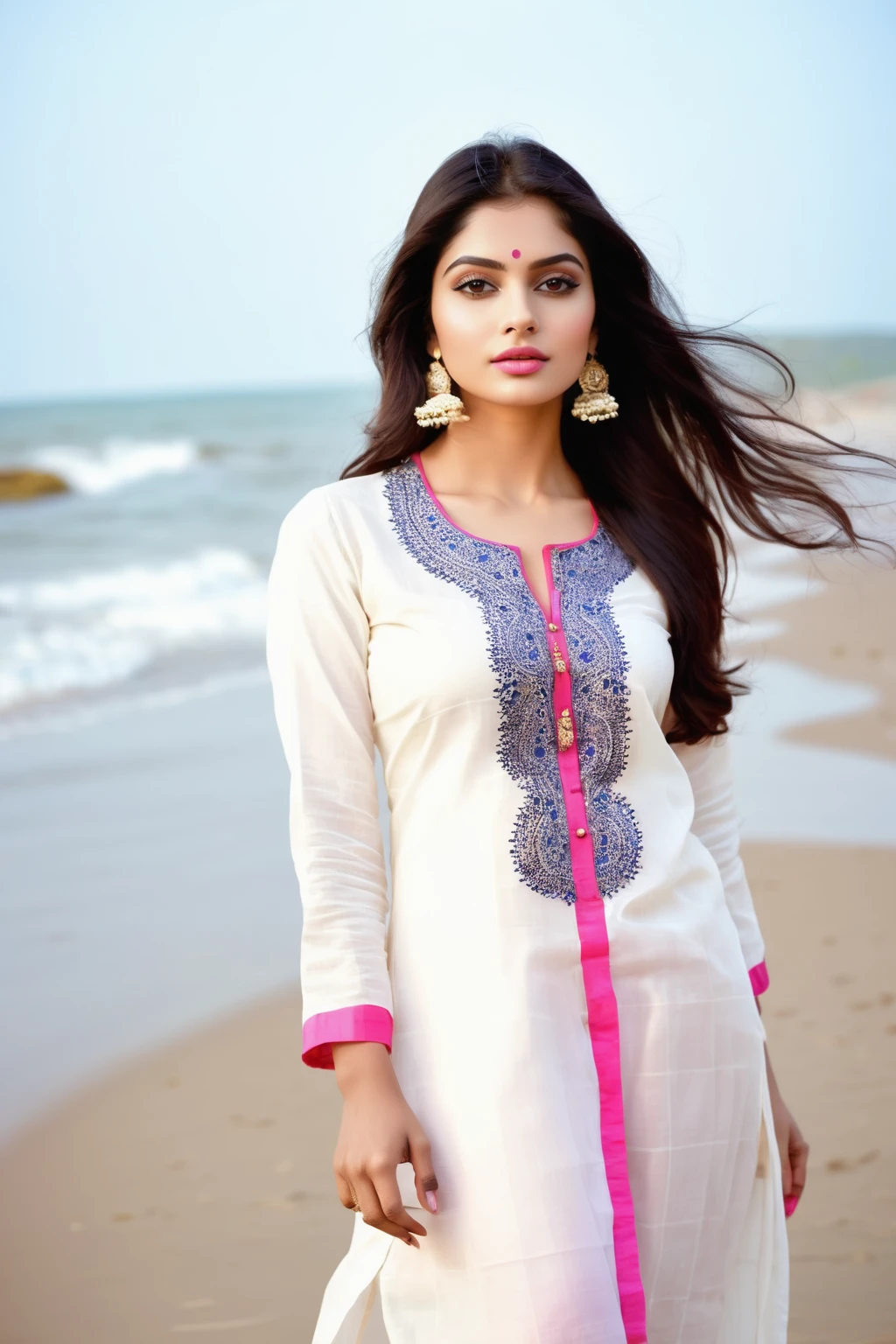 beautiful indian female model, dark makeup, detailed skin ,hyperdetailed photography, soft light, solo, straight hair, 34b breast, eye makeup, pink lips ,glossy lips,full_body, white pale glowing skin,in designer kurta salwar,walking in a beach