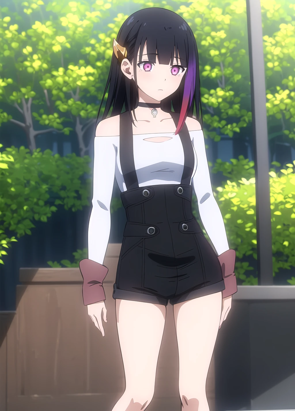 32((collar,leash,tied up,bondage,scared expression)),black hair,black eyes,shorts,top-tank
