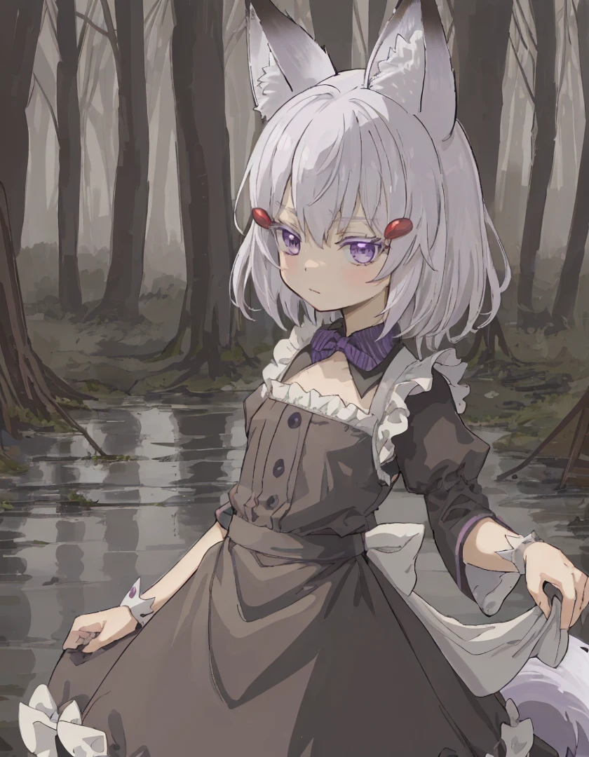 masterpiece, best quality, absurdres, tenma, 1girl, solo, fox ears, animal ear fluff, flat chest, petite, 
white hair, purple eyes, medium hair, hairclip,
maid outfit,
standing, Gloomy Swamp,Twisted trees, murky and gloomy atmosphere, stagnant water, gloomy feeling,