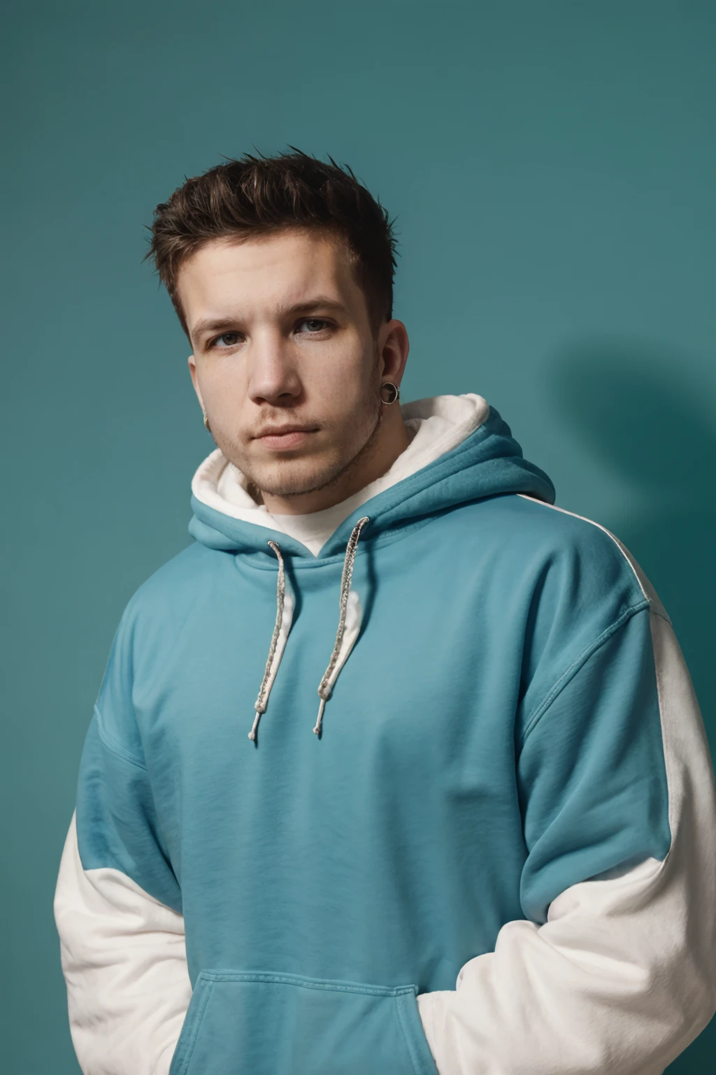 babylasagna, stubble, 80's heartthrob, (1man), muscular, hunky male, (wearing a Retro-style sweatshirt), handsome, professional lighting, artistic shot, blue background <lora:BabyLasagnaLoRA:1>