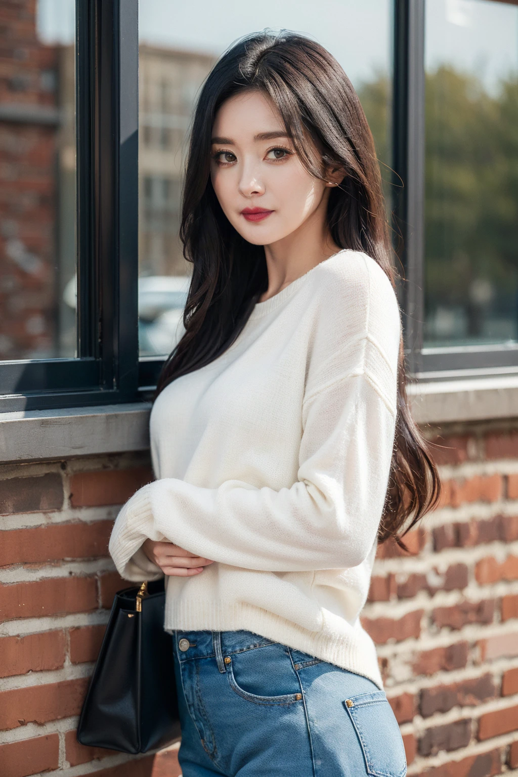 masterpiece,best quality,1girl,upper body,looking at viewer, standing,
white sweater, jeans
,black hair, long hair,small breasts,
ginza,park,window, brick wall,
<lora:yangmi_V2:0.5>