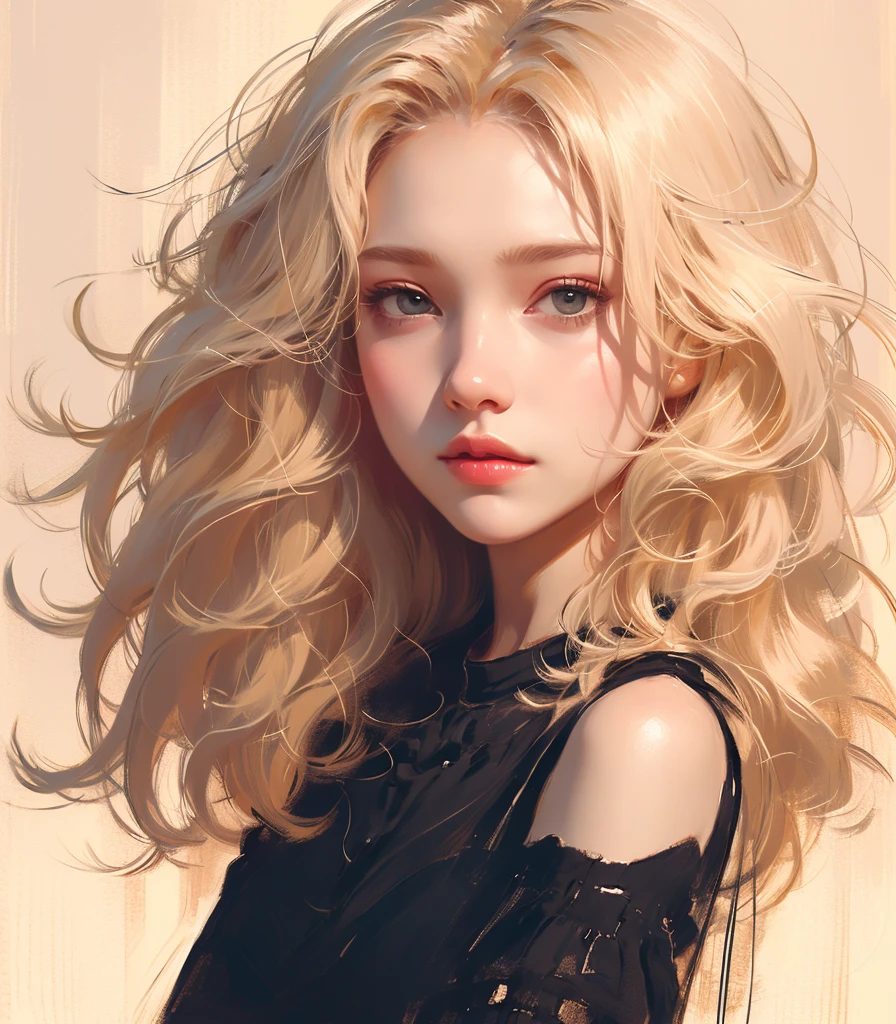 a drawing of a blonde woman with long hair and a black shirt on a white background with a light brown background,<lora:æ¥ç³»æ¨¡ç¹:0.75>,