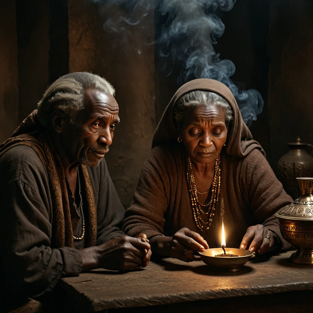 photo focus on night, dark dim muted colors, chiaroscuro couple , African (1man:1.2) elderly long hair , sudanese( 1woman:1.1) elderly mature , hand , ornamental incense burner lamp <lora:Chiaroscuro-v1:0.95>, character color photo portrait, Mise-en-scène, Staged Scene, Thoughtful Arrangement, Chiaroscuro, Strong Light and Shadow, Dramatic Contrast, absurdres, detailed, macro details, 8k, hyper realistic, texture surface details, film, professional, 4k, highly detailed professional, simple