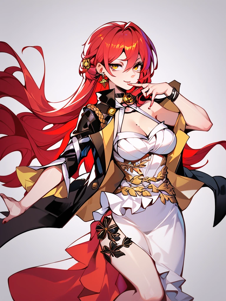 <lora:XL_himeko(pony)2-000004:1>,himeko is a girl with long red hair and yellow eyes,she is wearing the 'jizi' outfit which includes black coat white strapless dress,<lora:xl_dohna_dohna_style(pony):0.6>,dohna_dohna_style,, score_9,_up score_8_up,