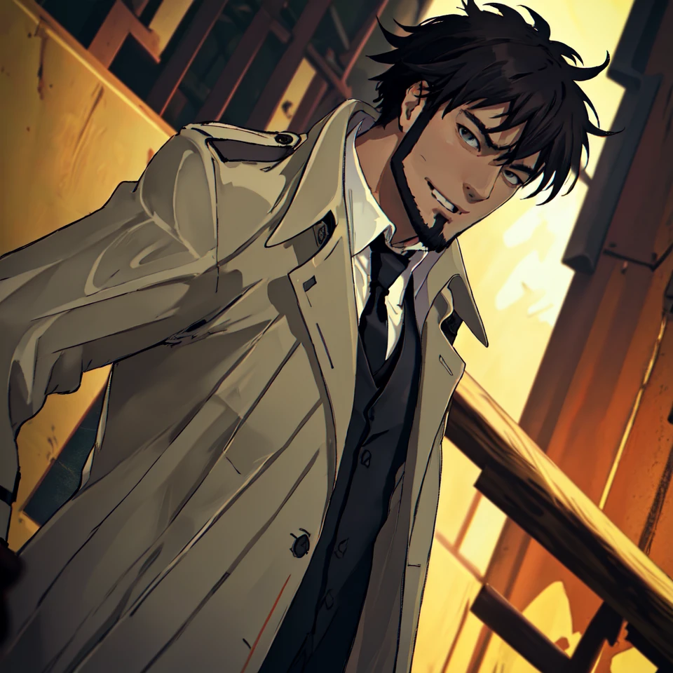 solo male, Genma Shizume, Asian, Japanese, black hair, chinstrap beard, sideburns, black eyes, calm eyes, slitty eyes, (white collared shirt, black necktie, black jacket:1.3), (brown trench coat, open trench coat:1.3), black pants, black gloves, mature, masculine, handsome, charming, allurin, grin, standing, upper body, hand on waist, perfect anatomy, perfect proportions, (best quality, masterpiece, high_resolution:1.3), perfect eyes, dutch angle, cowboy shot, blurred teeth<lora:EMS-308260-EMS:0.700000>, <lora:EMS-498-EMS:0.600000>