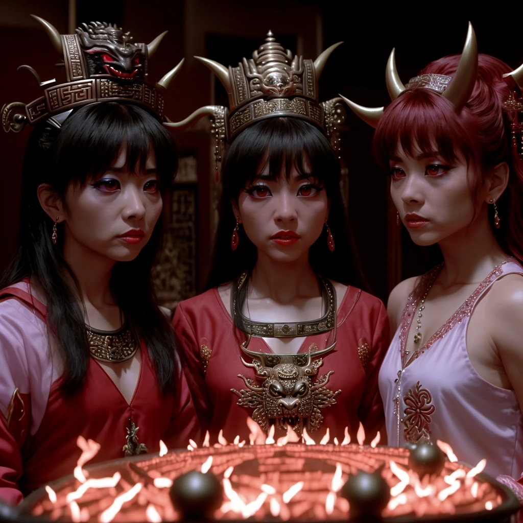 a three female demons standing in a room, highly detailed, sharp focus <lora:Big_Trouble_in_Little_China_v1:1> btilcstyle