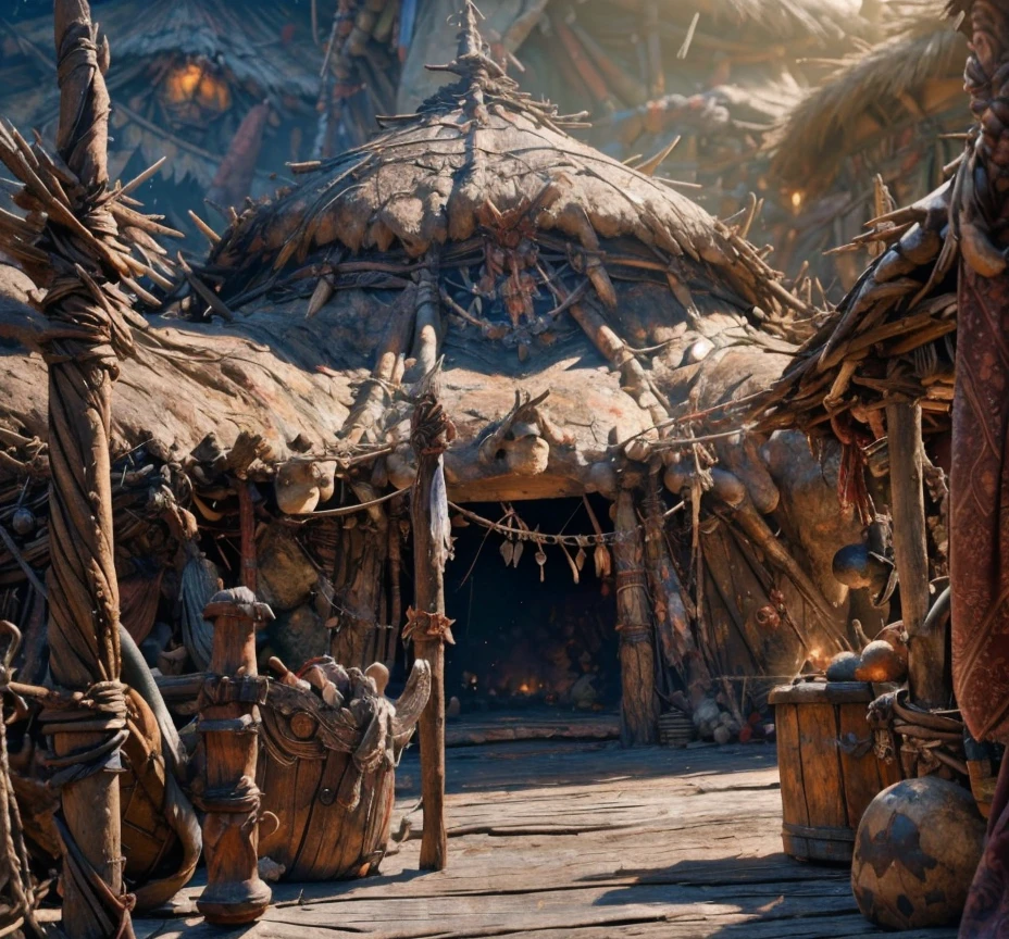 (masterpiece:1.2), (best quality,:1.2), 8k, HDR, ultra detailed, ((photorealistic)), perfect anatomy, professional light, cinematic lighting, fashion photography, ambient lighting,<lora:detail_slider_v4:3>, OverallDetail, a primitive barbarian hut with a wooden fence around, savi, <lora:SavageVillage-10:0.95>, epiCPhoto