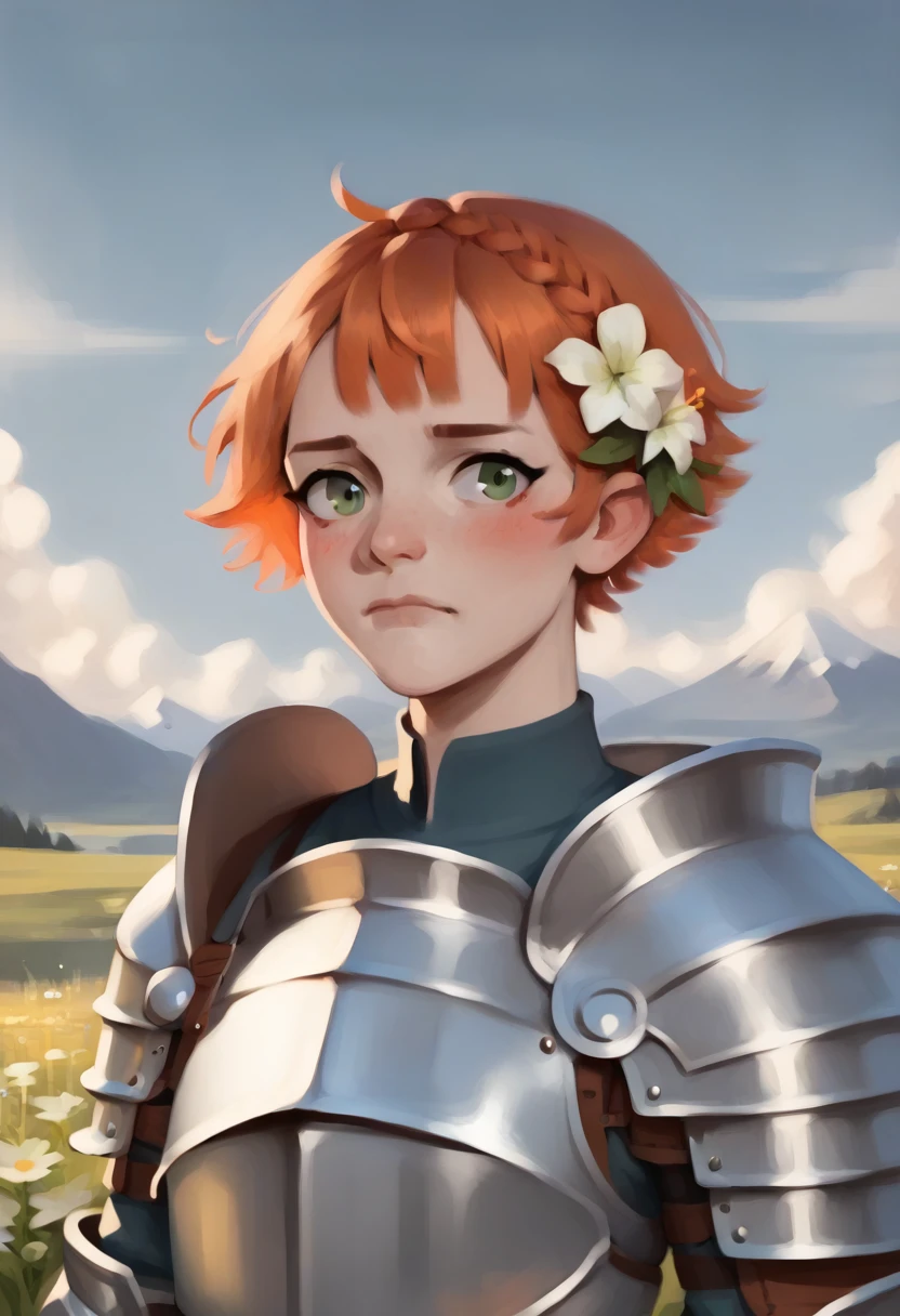 score_9, score_8_up, score_7_up, score_6_up, score_5_up, score_4_up, BREAK rating_safe, fox, braid,  outdoors, armor, solo, green eyes, mountain, orange hair, looking at viewer, shoulder armor, short hair, breastplate, upper body, day, sky, closed mouth, flower, blush, pauldrons, mountainous horizon, bangs, blue sky, grass, <lora:velikki_50:1>