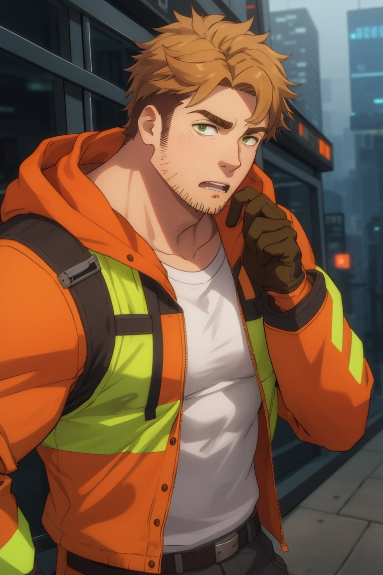 (1 image only), solo male, Gagumber, Sakugan, physical laborer worker, brown hair, two-tone hair, stubble, green eyes, thick eyebrows, (white tank top), (orange High-visibility jacket), open jacket, green work pants, black boots, black gloves, mature, handsome, charming, alluring, ((portrait, close-up)), perfect anatomy, perfect proportions, high_resolution, dutch angle, detailed background, cyberpunk city<lora:EMS-308232-EMS:0.700000>