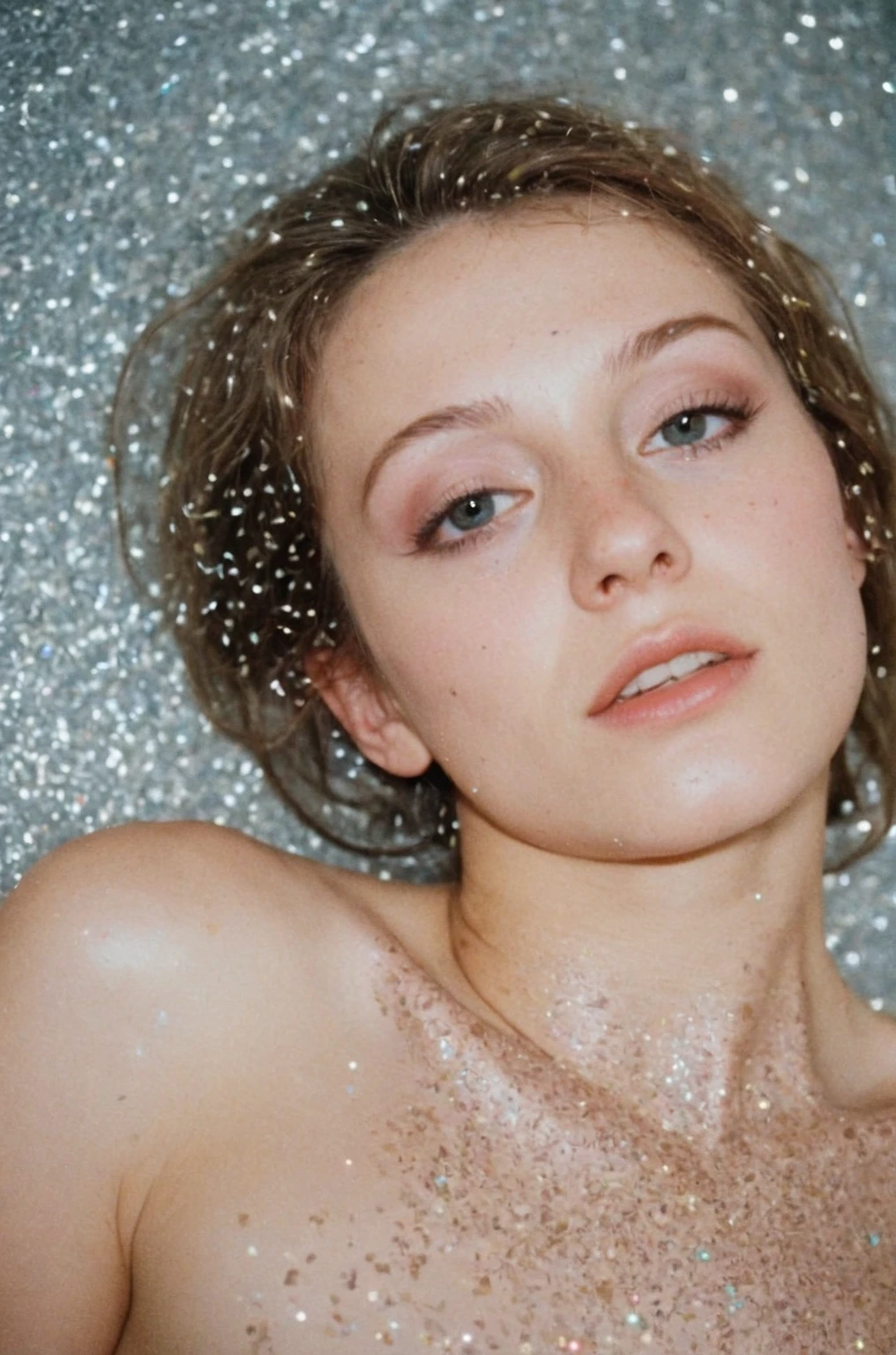 35mm, female portrait, glitter, completely nude