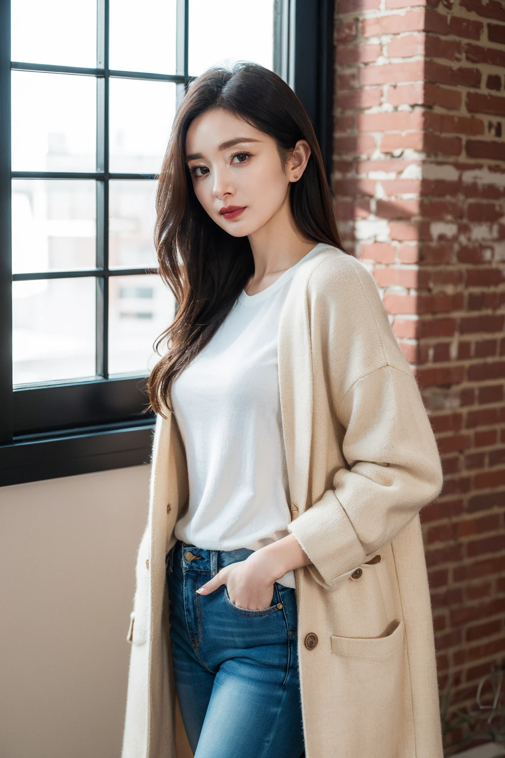 masterpiece,best quality,1girl,upper body,looking at viewer, standing,
white sweater, brown coat, jeans
,black hair, long hair,small breasts,
ginza,park,window, brick wall,
<lora:yangmi_V2:0.5>