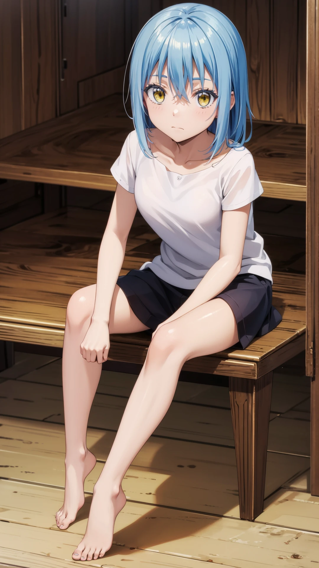 (masterpiece, best quality), ray tracing, absurdres,rimuru tempest, initial, blue hair, yellow eyes, long hair, shirt, 1girl, large breats,,solo, white shirt, closed mouth, , collarbone, hair between eyes, looking at viewer, sitting, bangs, short sleeves, shiny hair, full body, shiny,looking at viewer,barefoot,<lora:rimuru initial_v3:0.7>