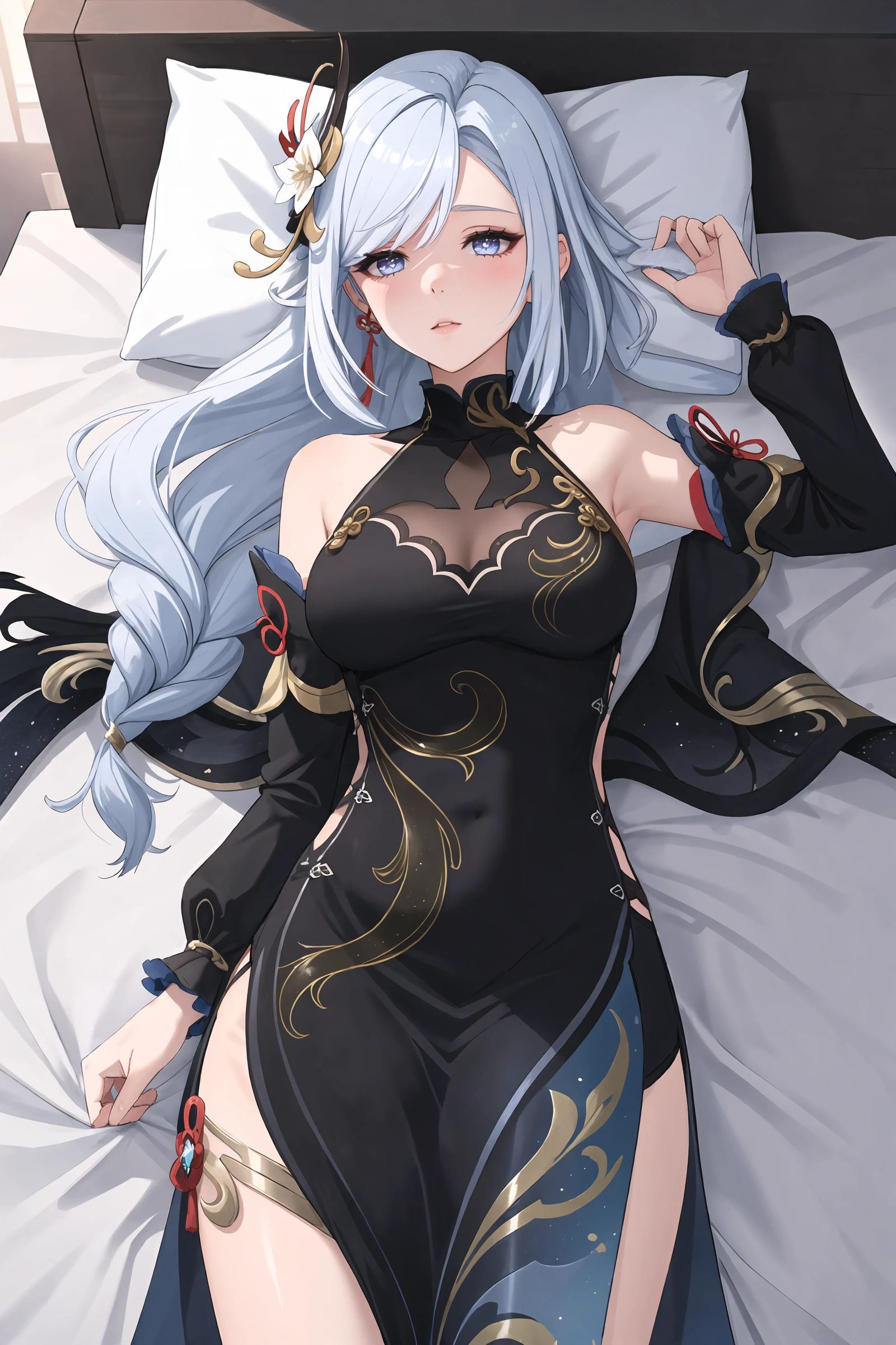 1girl, shenhe \(frostflower dew\) \(genshin impact\), solo, hair flower, black china dress, detached sleeves, low-tied long hair, thighlet, lying, bed sheet, looking away, blush, parted lips, hands up, masterpiece