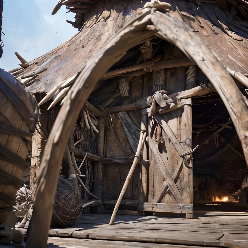 (masterpiece:1.2), (best quality,:1.2), 8k, HDR, ultra detailed, ((photorealistic)), perfect anatomy, professional light, cinematic lighting, fashion photography, ambient lighting,<lora:detail_slider_v4:3>, OverallDetail, a primitive barbarian hut, savi, <lora:SavageVillage-10:1>, epiCPhoto