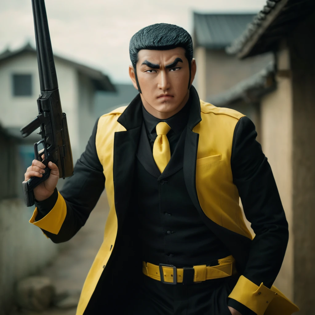 cinematic film still of  <lora:Golgo 13:1>
golgo 13,duke togo,a man in a black and yellow costume holding a gun,solo,black hair,1boy,holding,upper body,weapon,male focus,holding weapon,gun,holding gun,cigarette,realistic , Japanese, manga, professional assassin, customized, scoped M16 rifle, realistic, shallow depth of field, vignette, highly detailed, high budget, bokeh, cinemascope, moody, epic, gorgeous, film grain, grainy