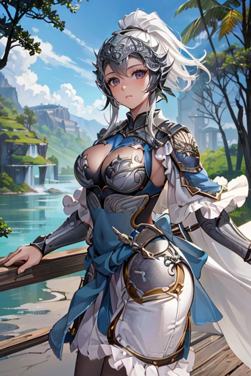 <lora:HXarmour_005:1>,, hxarmour,1girl,(Liver (organ) armour:1.3),Rainforest Seaside Cliffs,Crater Lake,Microorganism,Serene Pond,