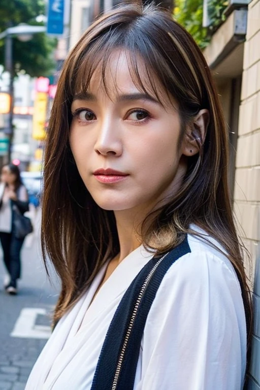 Best quality,masterpiece,ultra high res,(photorealistic:1.2),1girl,low key,taipei street alley,dynamic pose,face closeup,brown hair,looking_at_viewer,<lora:patty_hou>,