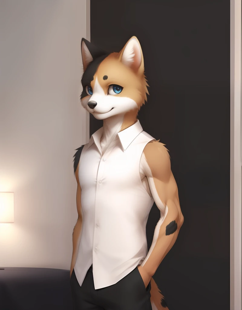 (((detailed eyes, detailed face))), (furry, jun <lora:character_jun_findigo_v2:1>, two-tone fur, calico cat, black spots), male, (solo), (plump), (white shirt, sleeveless, black pants), standing, (arms behind back), smile BREAK (konzaburou, ukan_muri, cute), bedroom, (flat shading, flat color, high brightness), 8k, UHD, masterpiece, (full body)