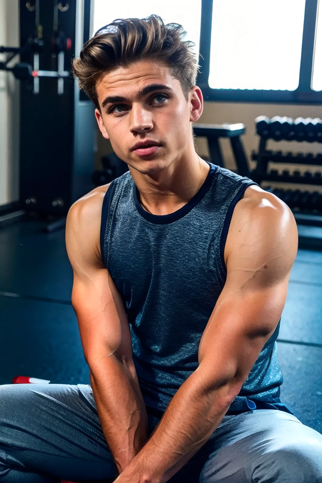 a lean shirtless 19-year old caucasian boy wearing a white boxers, short black hair, youthful face, drenched in sweat, sweating profusely, hand on face, in the basement