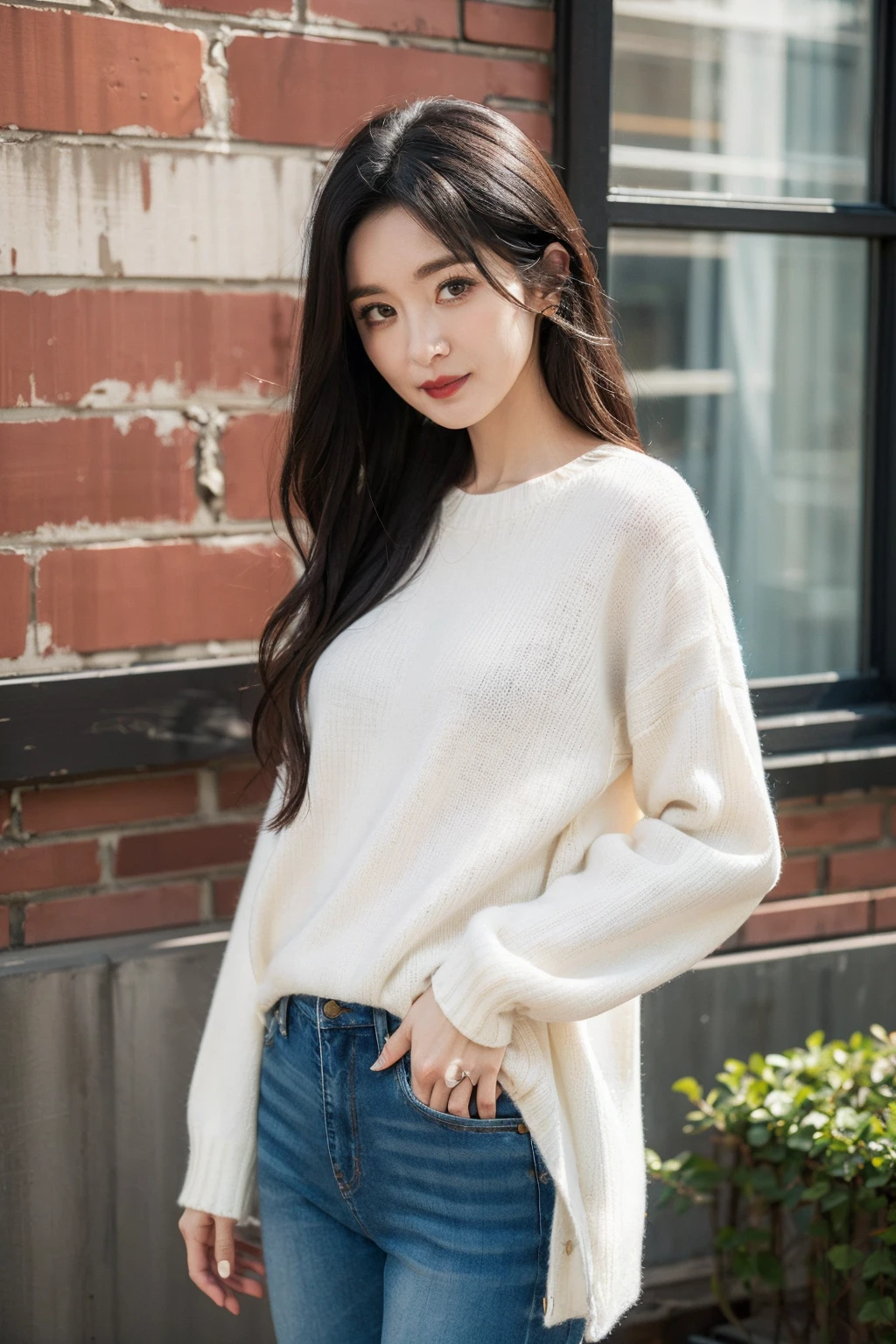 masterpiece,best quality,1girl,upper body,looking at viewer, standing,
white sweater, jeans
,black hair, long hair,small breasts,
ginza,park,window, brick wall,
<lora:yangmi_V2:0.5>