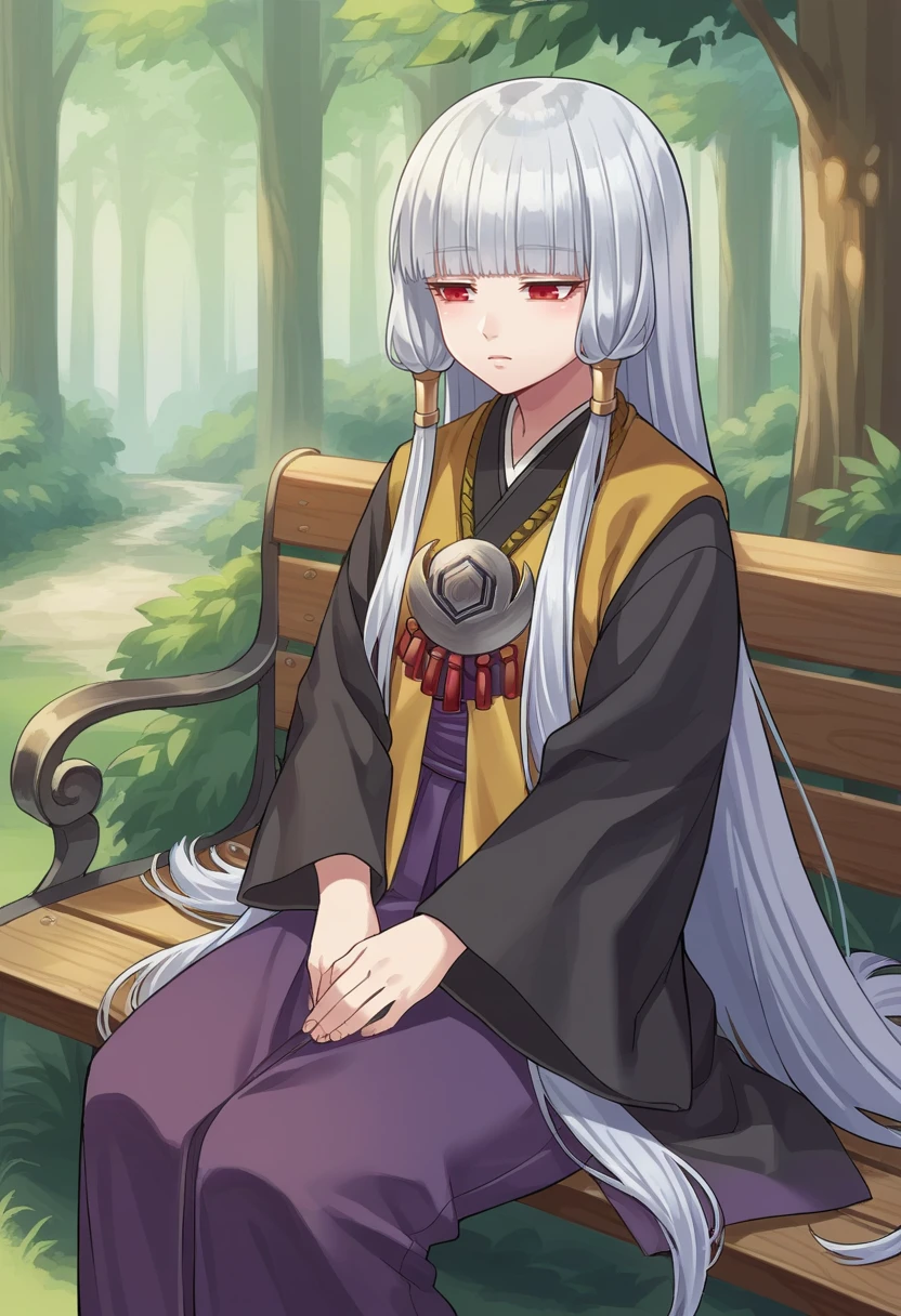 score_9, score_8_up, score_7_up, source_anime BREAK 1girl, Uematsu Rikako, silver hair, long hair, two front braids, red eyes, pendant, two yellow ribbons, black kimono, purple skirt, long skirt, forest, sitting, on bench, <lora:RikakoPonyXLNoscale-000009:1>