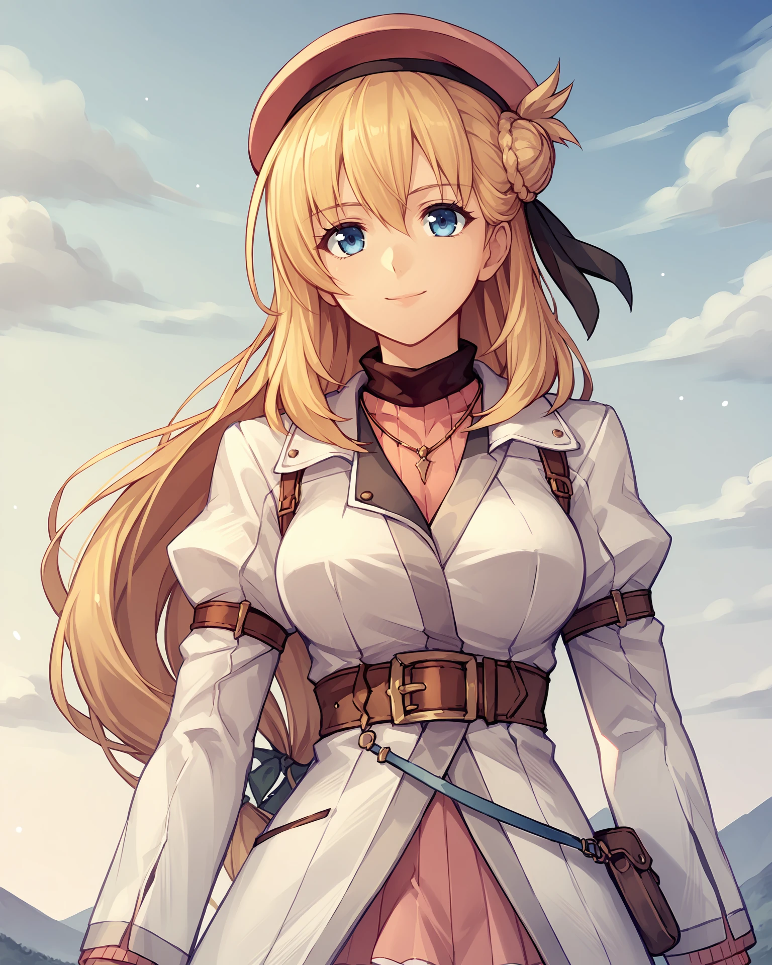 score_9, score_8_up, score_7_up, score_6_up, score_5_up, score_4_up, BREAK,
source_anime,
<lora:TrailsThroughDaybreak-Playable:0.9>, Agnes Claudel, blonde hair, long hair, blue eyes, large breasts, hair ornament, beret, white coat, turtleneck dress, necklace, belt, pink skirt, pantyhose, brown boots, thigh boots,
looking at viewer, smile, upper body, portrait,
1girl, outdoors, sky, clouds, distant mountains