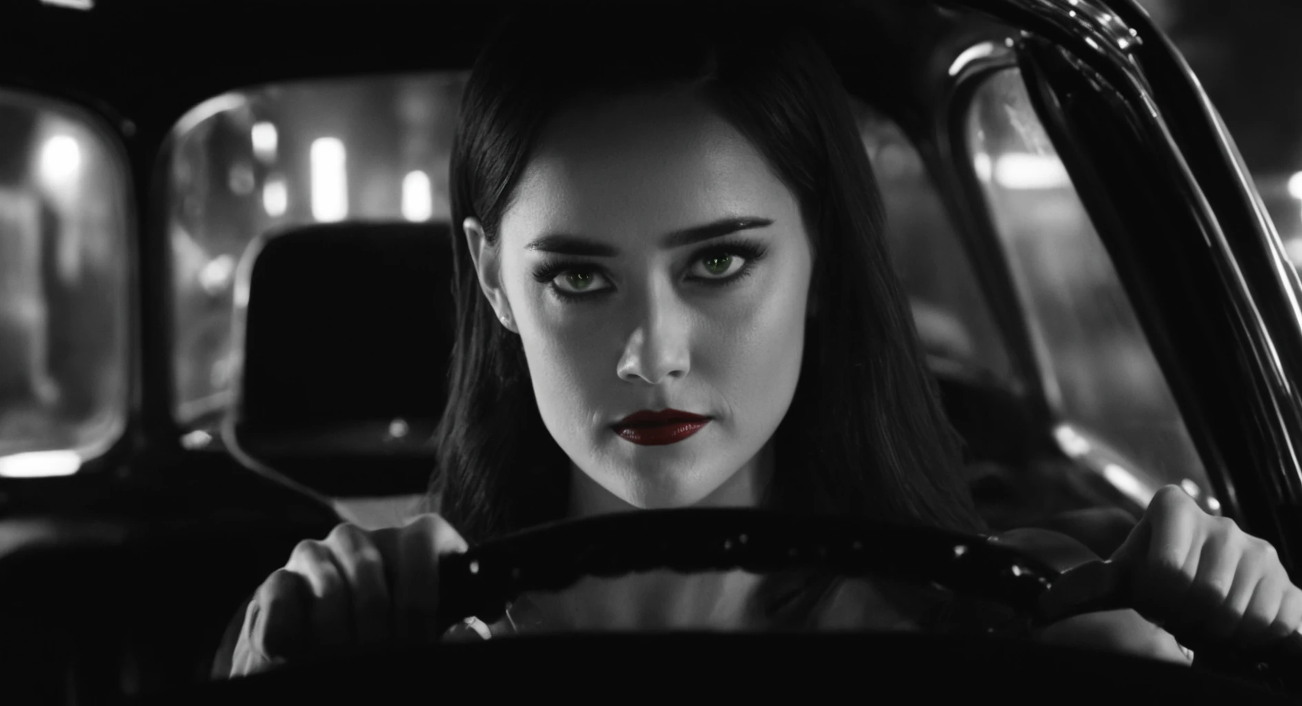 Dark Fantasy Art of <lora:sin city style v2:1>
In Sin City universe Lucille a woman is driving a car at night sin city style,1girl,solo,long hair,looking at viewer,smile,monochrome,greyscale,blurry,lips,portrait,realistic,Frank Miller's Sin City,dark theme,cinematic film,comic book series,graphic novel,Neo-noir,high contrasts,sin city style,closeup , film noir, low key light, dim light, low light, dramatic light, film grain, dark, moody, dark fantasy style