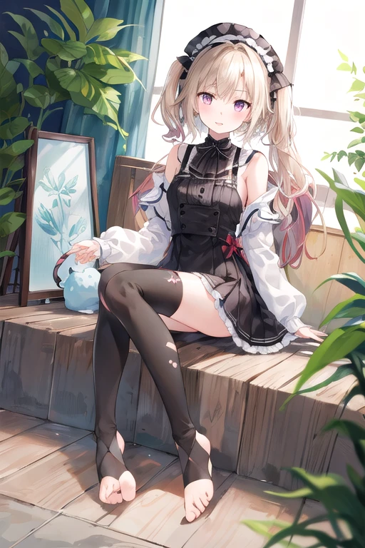 (masterpiece, best quality), 1girl, solo, bench vr-koxia, white thighhighs, hair band, black shoes