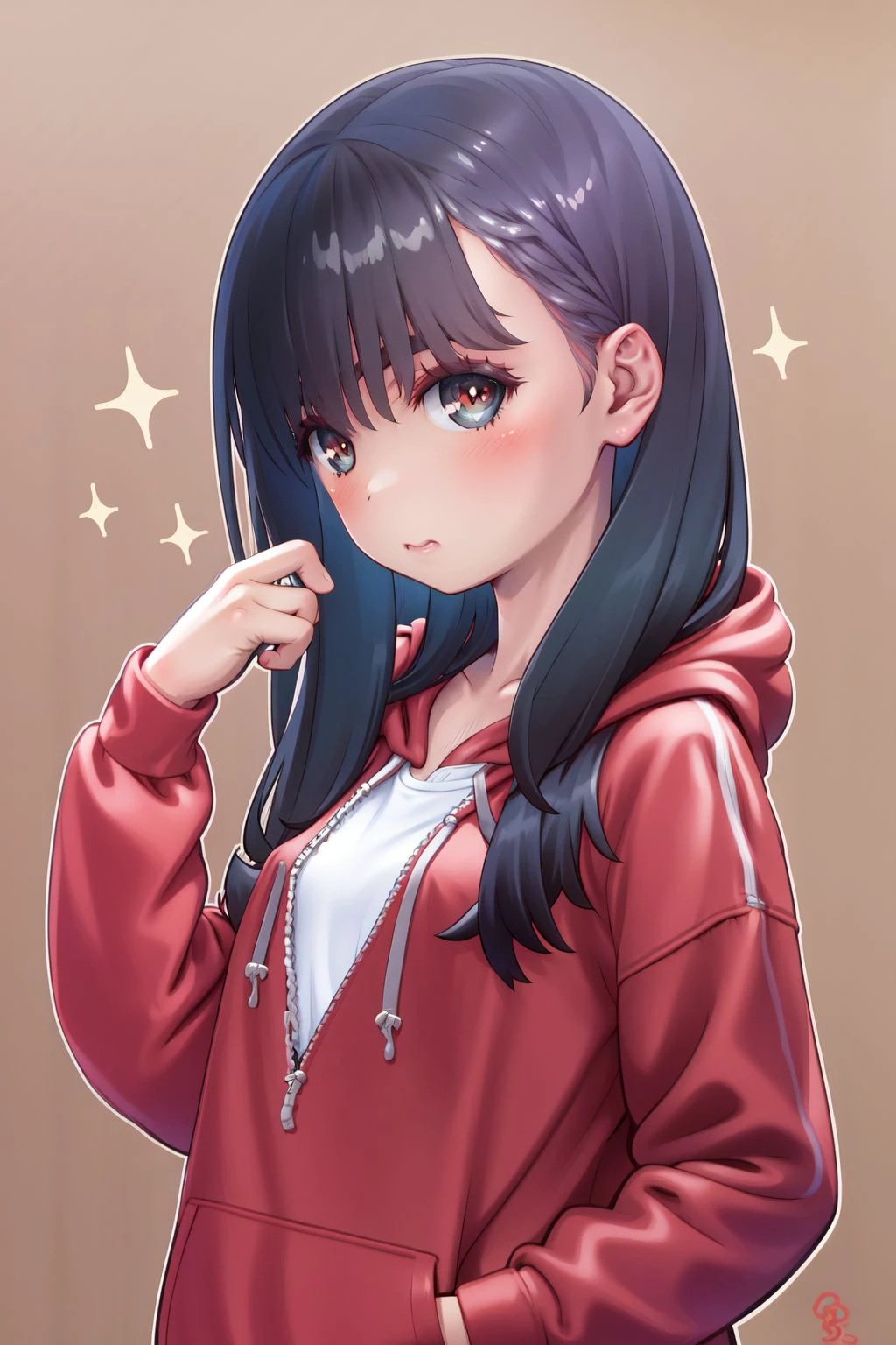 solo, 1girl, looking at viewer, pupils sparkling, dark blue hair, crossed bangs, small breasts, red hoodie, brown background, portrait <lora:Aoi_Kumiko_style_v01.99.10:1>