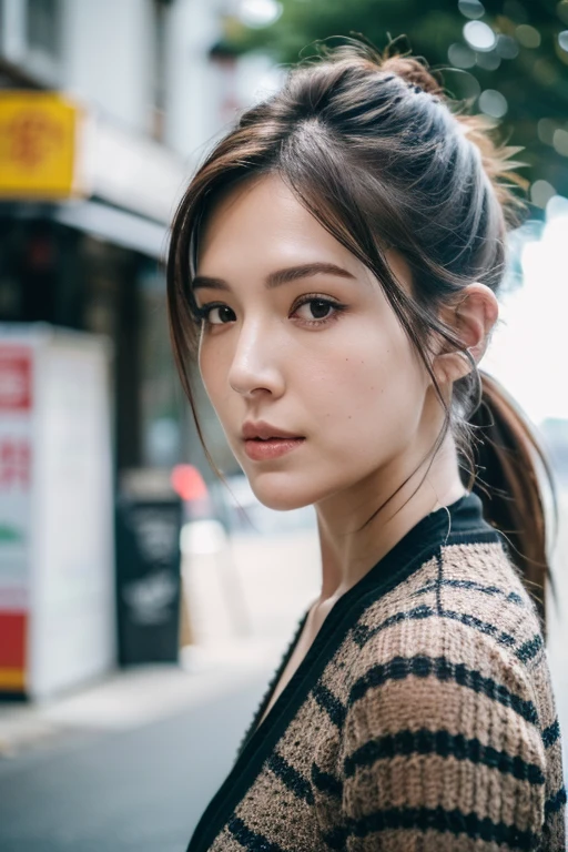 Best quality,masterpiece,ultra high res,(photorealistic:1.2),1girl,low key,taipei street alley,dynamic pose,face closeup,brown hair,looking_at_viewer,<lora:ann_hsu:0.9>,high ponytail,