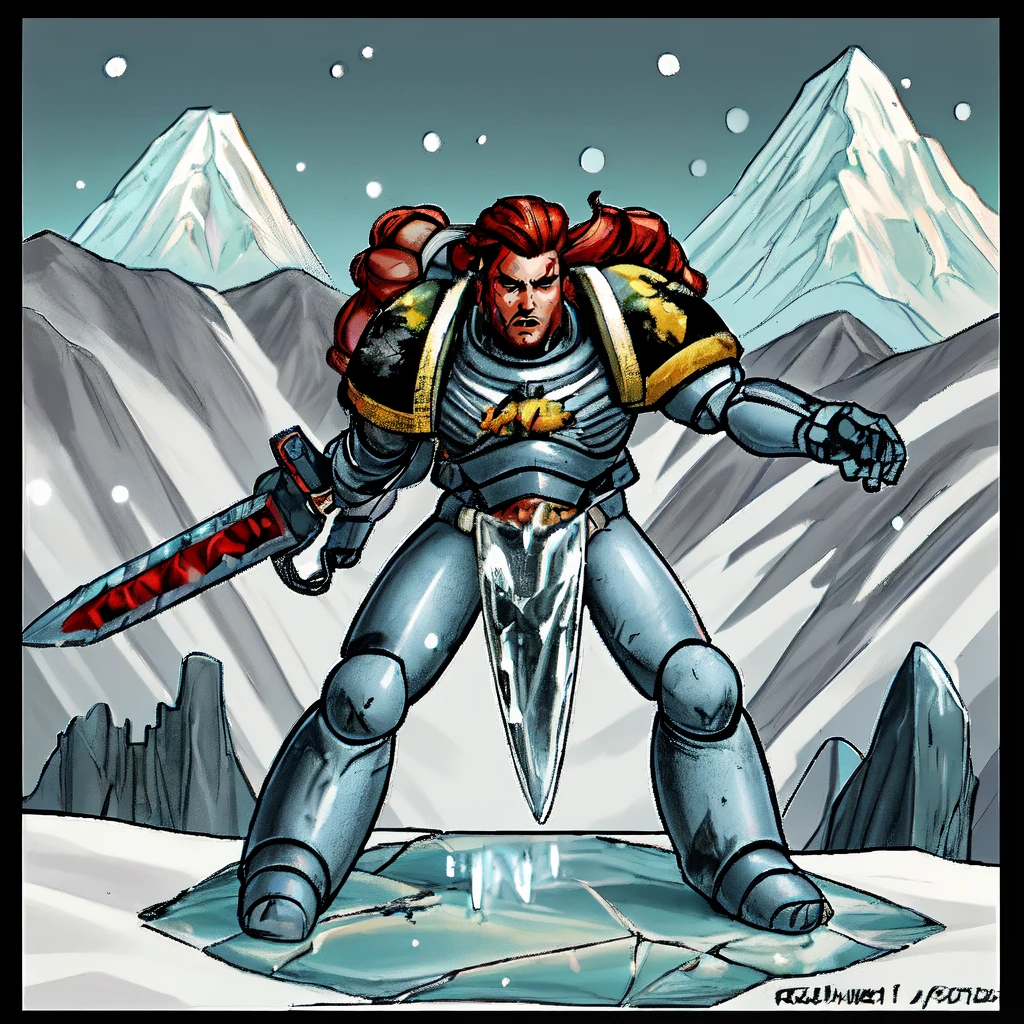 spcwlf, 1boy, male focus, solo, shoulder armor, pauldrons, full body, power armor, holding chainsword, science fiction, red hair, braid, action pose, battlefield, ice, snow, mountains,