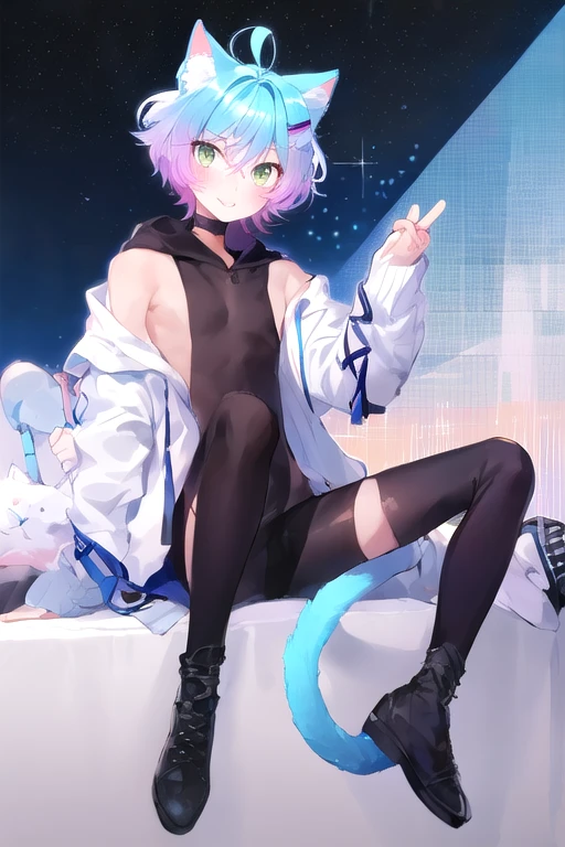 Linechu, a boy with blue hair and cat ears, male focus, full body, <lora:LAS:0.3>, <lora:Linechu_fuwafuwa_v5-000002:1>