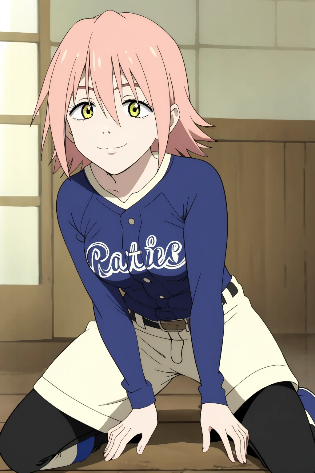 ((best quality)),((highly detailed)),masterpiece,absurdres,detailed face,beautiful face,(detailed eyes, deep eyes),1girl,((dynamic pose)) , <lora:HarukoV1:0.8>haruko, yellow eyes, solo,short hair, pink hair, hair between eyes, bangs, breasts, spiked hair, smile, sitting, closed eyes, socks, layered sleeves, raglan sleeves, short over long sleeves, baseball uniform