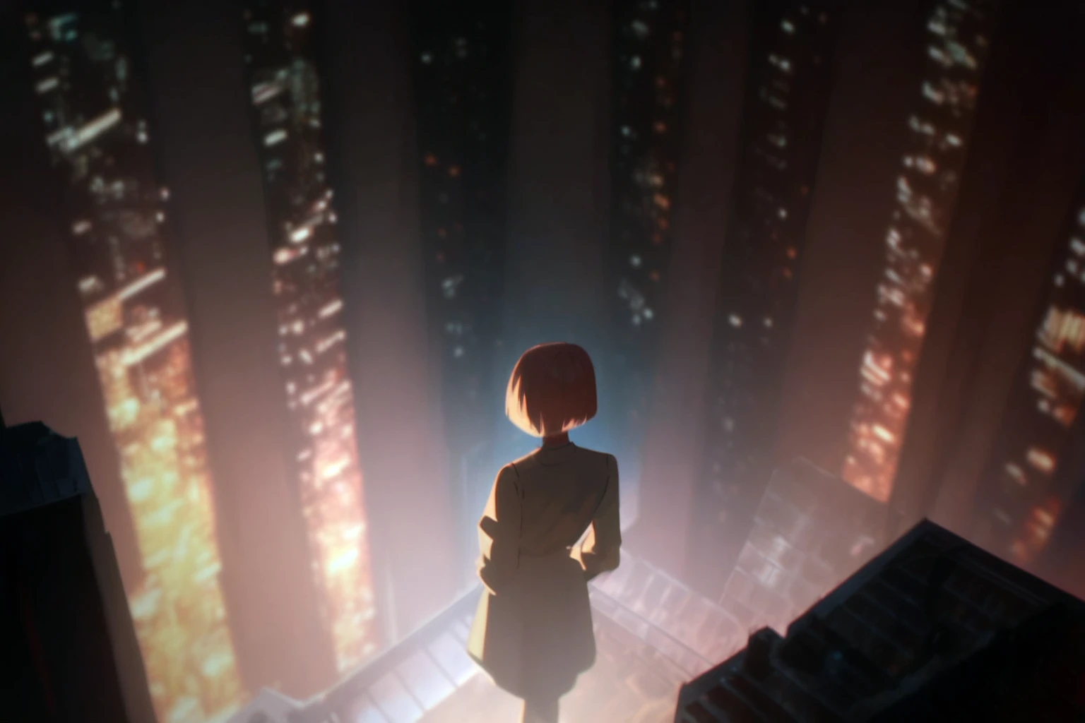 InnocenceStyle,1girl,solo,short hair,dress,standing,from behind,night,buildings,scenery,huge city,cityscape,dark,skyscrapers,city lights,score_9, score_8_up, score_7_up, score_6_up, score_5_up, <lora:add-detail-xl:1.2> <lora:InnocenceStyle:1>