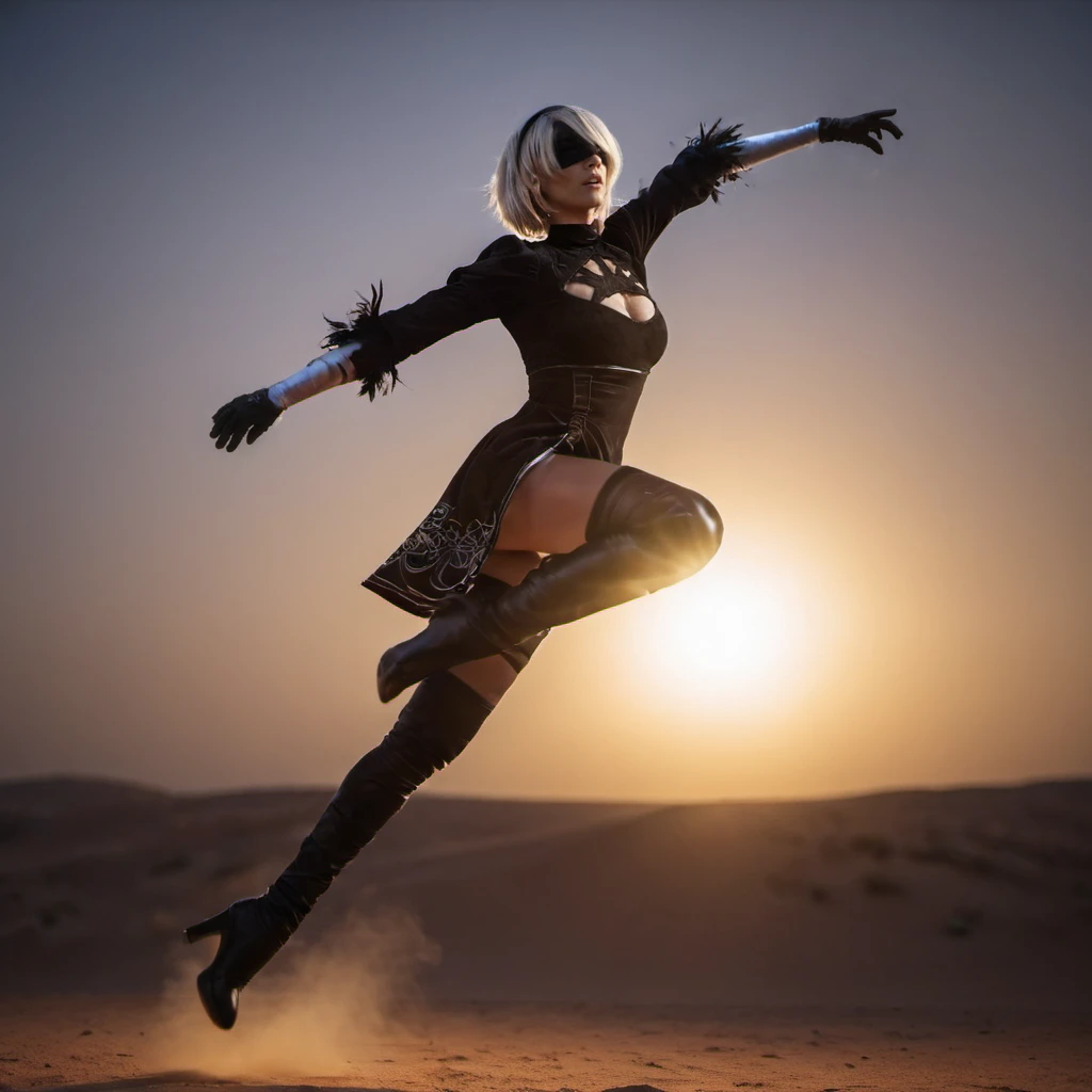 a woman in a black outfit dress jumping, hold a sword in her hand (((desert background, dust, neon lights)))  <lora:2B_Nier_Automata_1024:0.7>