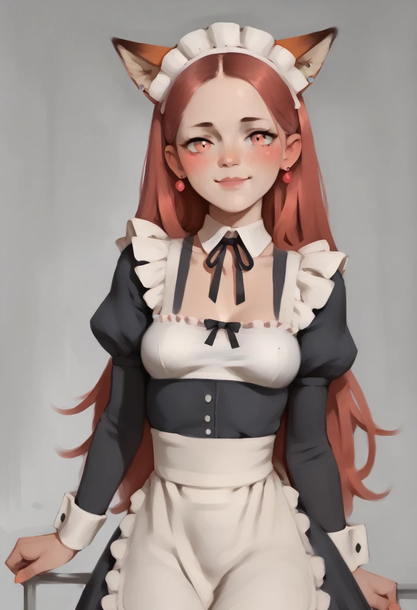 score_9, score_8_up, score_7_up, score_6_up, score_5_up, score_4_up, BREAK breasts, solo, blush, fox maid headdress, maid, looking at viewer, smile, grey background, simple background, apron, red hair, long hair, small breasts, closed mouth, pink eyes, long sleeves, earrings, jewelry, maid apron, spot color, dress,, <lora:velikki_50:1>