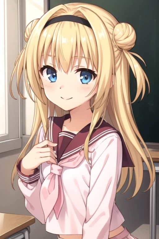 ((masterpiece)),(best quality),official art,extremely detailed CG,unity 8k wallpaper,ultra detailed,beautiful detailed eyes,extremely detailed face,classroom,1girl,solo,upper body,(portrait:1.5),looking at viewer,facing viewer,smile,Chitose Sana,long hair,blonde hair,double bun,hairband,hair intakes,sidelocks,blue eyes,white neckerchief,pink serafuku,pink sailor collar,small breasts,long sleeves,miniskirt,pink skirt,pleated skirt,black thighhighs,black footwear,<lora:Chitose Sana(trlu):0.6>,