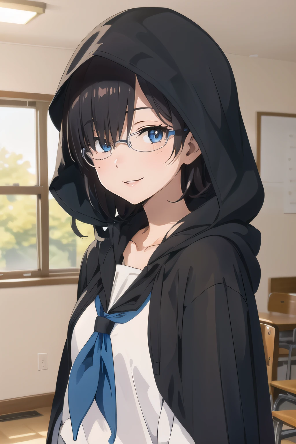 (masterpiece:1.2), best quality, high resolution, unity 8k wallpaper, (illustration), extremely detailed face, perfect lighting, extremely detailed CG, <lora:Kaho_Juumonji:0.6>, kaho, school uniform, hair over eye, serafuku, blue neckerchief, white shirt, mature woman, smile, (frontal view:1.2, from front), small lips, looking at viewer, collarbone, (indoor, cloak, hood:1.2, hoodie:1.3), close up, upper body
