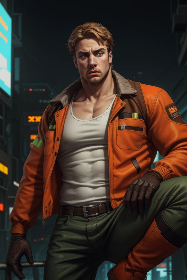 (1 image only), solo male, Gagumber, Sakugan, physical laborer worker, brown hair, two-tone hair, stubble, green eyes, thick eyebrows, (white tank top), (orange High-visibility jacket), open jacket, green work pants, black boots, black gloves, mature, handsome, charming, alluring, ((portrait, close-up)), perfect anatomy, perfect proportions, high_resolution, dutch angle, detailed background, cyberpunk city<lora:EMS-308232-EMS:0.700000>