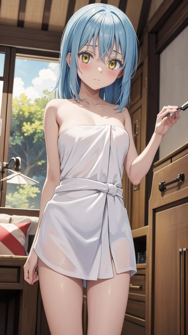 (masterpiece, best quality), ray tracing, absurdres,1girl, rimuru tempest, initial, blue hair, solo, naked towel, large breats, yellow eyes, , closed mouth, , long hair, bangs, indoors, hair between eyes, cowboy shot,looking at viewer,blush,<lora:rimuru initial_v3:0.7> <lora:naked_towel_v0.1:1>